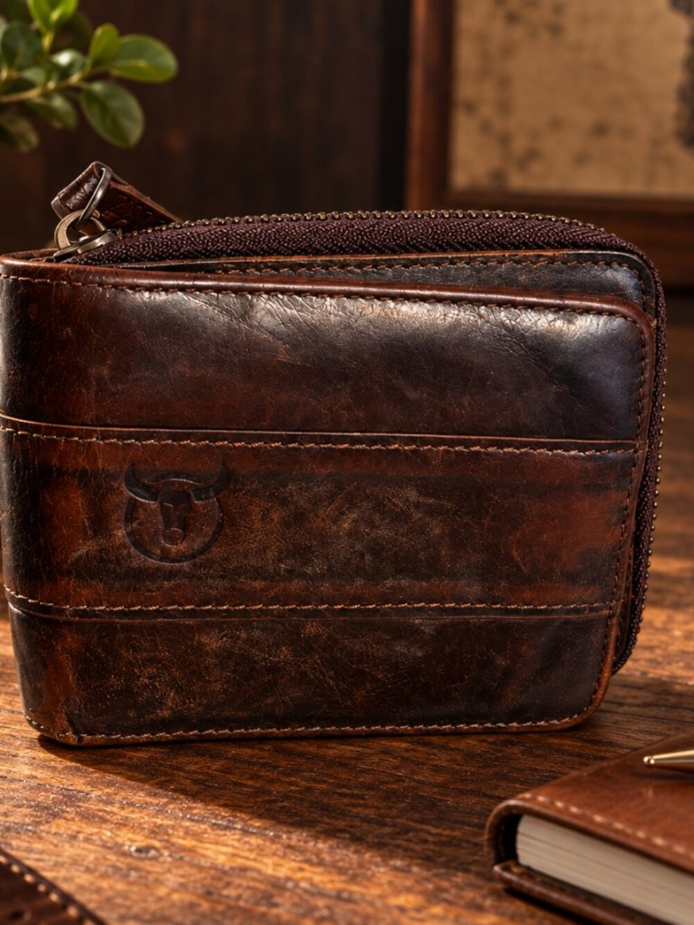BULLCAPTAIN Genuine Leather Zip Around Bifold Wallet Brown
